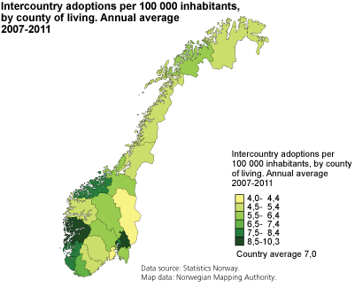 Inter-country adoptions by 100 000 inhabitants, by county of living. Annual average 2007-2011. 