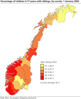Percentage of children 0-17 years with siblings, by county. 1 January 2003