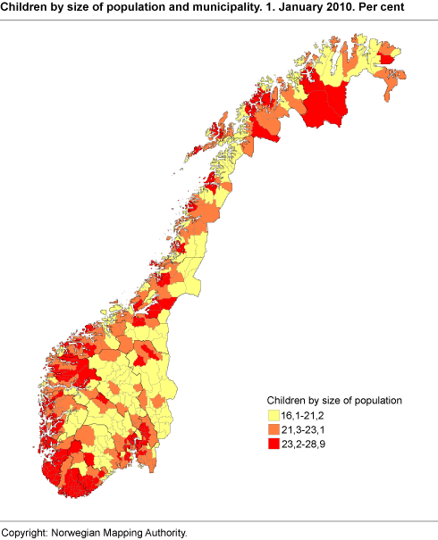 Children by size of population and municipality. 1.1.2010. Per cent