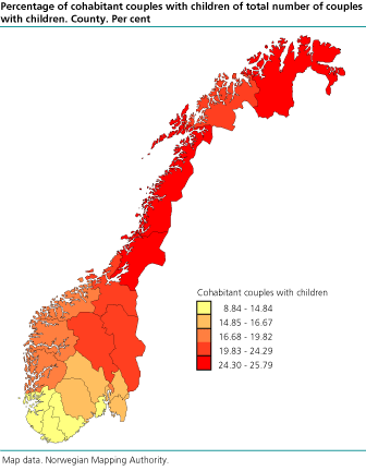 Percentage of cohabitant couples with children of total number of couples with children.  County. Per cent. January 1st, 2003