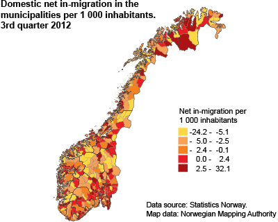 Domestic net in-migration in the municipalities per 1 000 inhabitants. 3rd quarter 2012