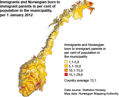 Immigrants and Norwegian-born to immigrant parents, in per cent of total population in municipality. 1 January 2012
