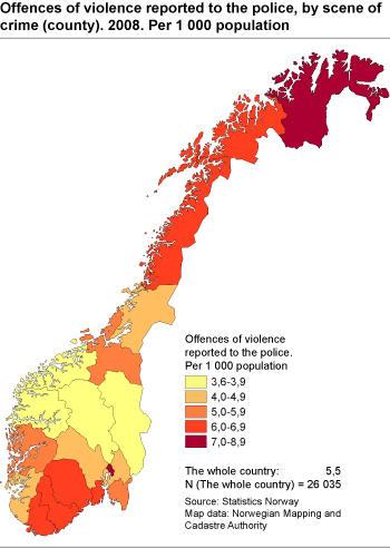 Offences of violence reported to the police, by scene of crime (county). 2008. Per 1 000 population