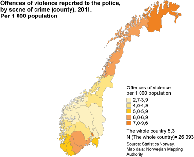 Violent crimes reported, by scene of crime (county). Per 1 000 inhabitants 