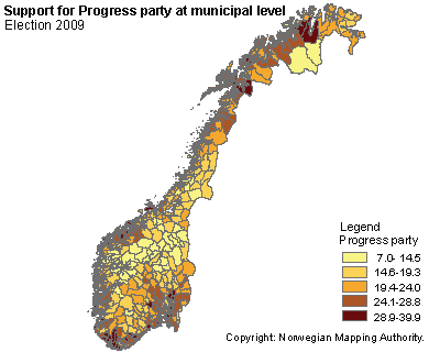 Support for Progress party at municipal level