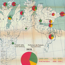 Utdrag fra kart over befolkningen i Finnmark, ifølge den offisielle folketelling 1. desember 1910. Nasjonalitetenes fordeling grafisk fremstilt av reindriftsinspektør Kristian Nissen