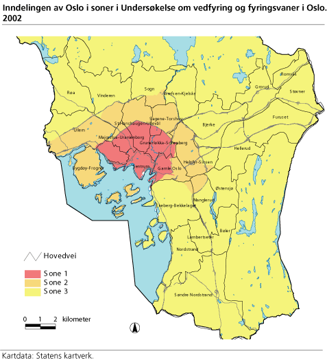 Kart som viser inndelingen av Oslo i soner i Undersøkelse om vedfyring og fyringsvaner i Oslo 