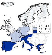Differansen mellom andelen mannlige og kvinnelige dagligrykere varierer mye mellom Nord- og Sr-Europa. I nord er det sm forskjeller mellom menn og kvinners røykevaner; mellom -7 og 4,9 prosentpoeng, i Sør-Europa er det langt større forskjeller (opp til 24 prosentpoeng)P "rykebarometeret" kan vi blant annet se at andel dagligrykere i Vest-Europa varierer mellom 22 og 39 prosent.