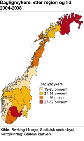 Dagligrykere, etter region og tid. 2004-2008