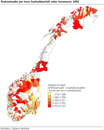 Årskostnader per tonn hushaldsavfall. Kommune. 2002