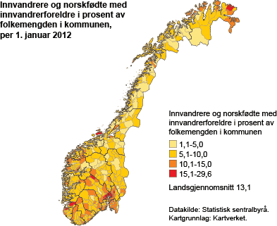 Innvandrere og norskfødte med innvandrerforeldre i prosent av totalbefolkningen i kommunen. 1. januar 2012