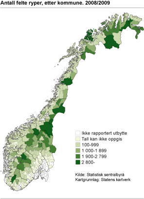 Antall felte ryper, etter kommune. 2008/2009