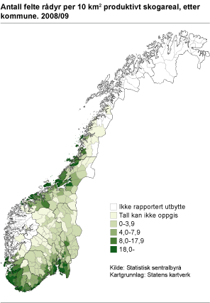 Antall felte rådyr per 10 km2 produktivt skogareal, etter kommune. 2008/2009