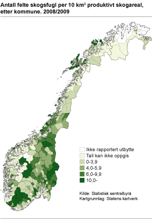 Antall felte skogsfugl per 10 km2 produktivt skogareal, etter kommune. 2008/2009
