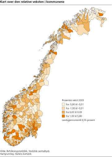 Kart over den relative veksten i kommunene