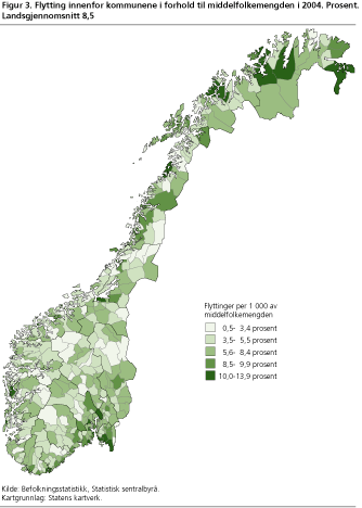 Flytting innenfor kommunene i forhold til middelfolkemengden i 2004. Prosent. Landsgjennomsnitt 8,5