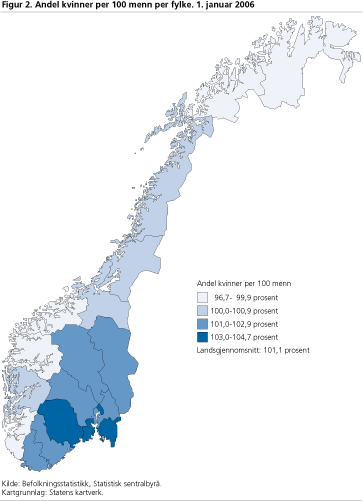 Andel kvinner per 100 menn per fylke. 1. januar 2006