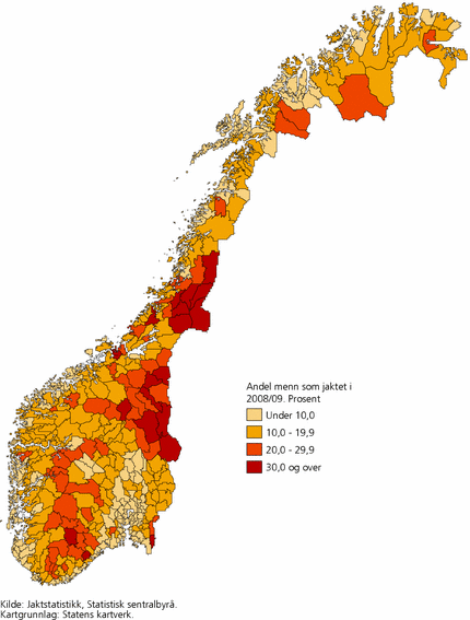 Figur 3. Andel av den mannlige befolkning over 16 år som har jaktet i 2008/09, etter kommune. Prosent