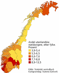 Figur 6. Andel utenlandske statsborgere, etter fylke. 1. januar 2011. Prosent