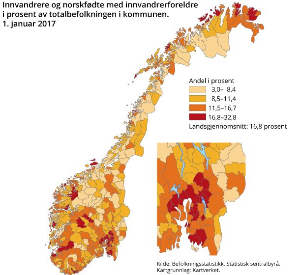 Innvandrere og norskfødte med innvandrerforeldre i prosent av totalbefolkningen i kommunen. 1. januar 2017