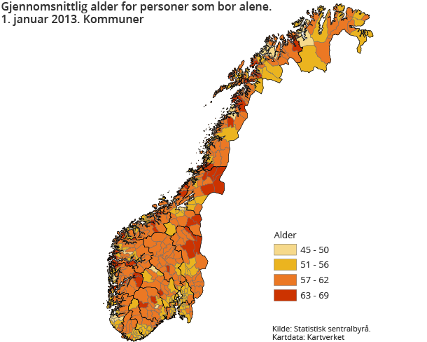 Gjennomsnittlig alder for personer som bor alene. 1. januar 2013. Kommuner