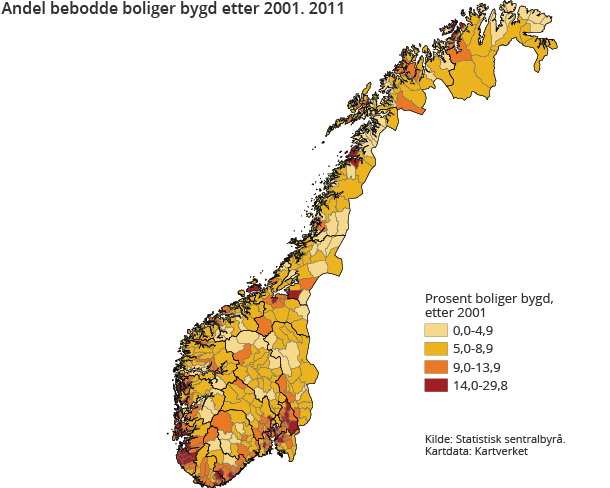 Andel bebodde boliger bygd etter 2001. 2011 Andel bebodde boliger bygd etter 2001. 2011