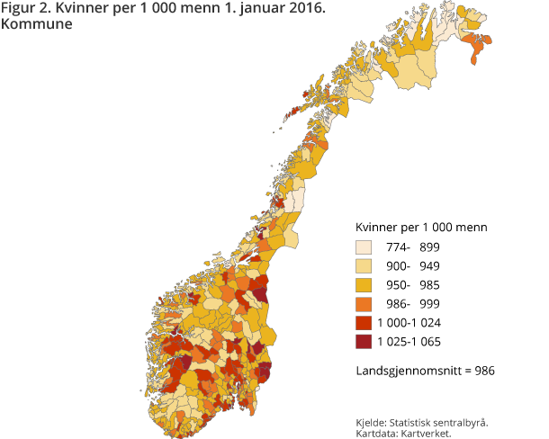 Figur 2. Kvinner per 1 000 menn 1. januar 2016. Kommune