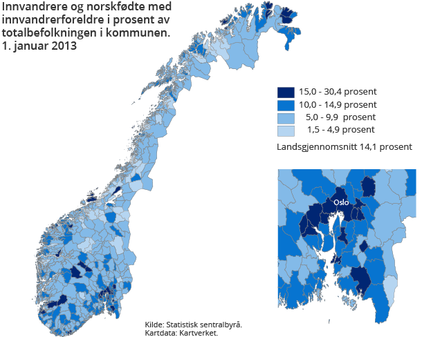 Innvandrere og norskfødte med innvandrerforeldre i prosent av totalbefolkningen i kommunen. 1. januar 2013 Innvandrere og norskfødte med innvandrerforeldre i prosent av totalbefolkningen i kommunen. 1. januar 2013