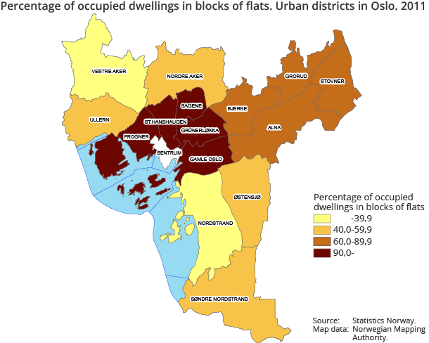 Percentage of occupied dwellings in blocks of flats. Urban districts in Oslo. 2011