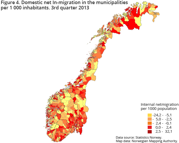 Figure 4. Domestic net In-migration in the municipalitiesper 1 000 inhabitants. 3rd quarter 2013