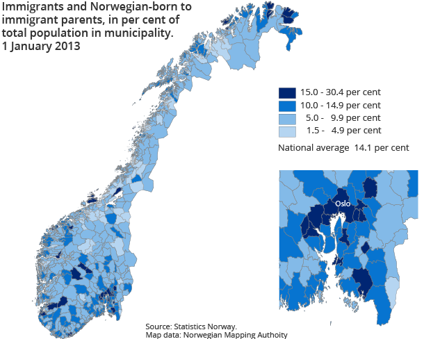 Immigrants and Norwegian-born to immigrant parents, in per cent of total population in municipality. 1 January 2013