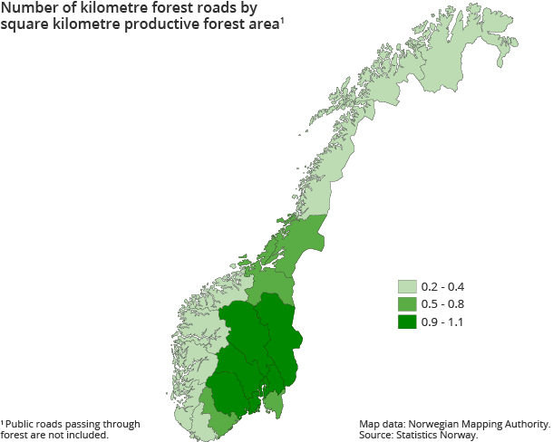 Figure 3. Number of kilometre forest roads by square kilometre productive forest area¹