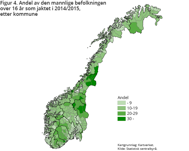 Figur 4. Andel av den mannlige befolkningen over 16 år som jaktet i 2014/2015, etter kommune