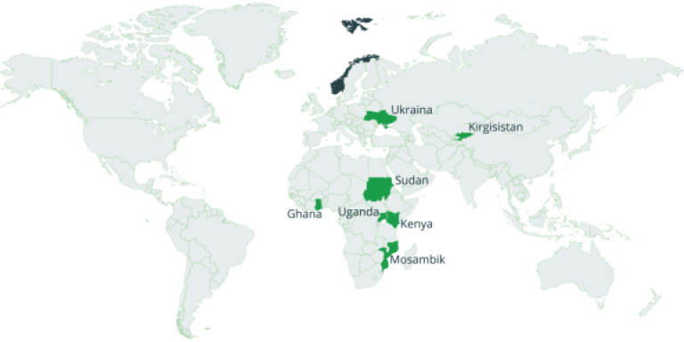 Verdenskart som viser hvor Statistisk sentralbyrå jobber med statistikk som bistand: Ukraina, Kirgisistan, Sudan, Uganda, Ghana, Kenya og Mosambik.