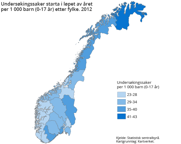 Undersøkingssaker starta i løpet av året per 1 000 barn (0-17 år) etter fylke. 2012