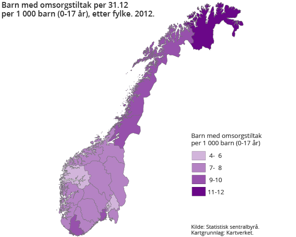Barn med omsorgstiltak per 31.12 per 1 000 barn (0-17 år), etter fylke. 2012 Barn med omsorgstiltak per 31.12 per 1 000 barn (0-17 år), etter fylke. 2012