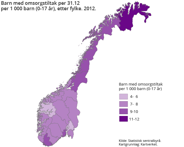 Barn med omsorgstiltak per 31.12 per 1 000 barn (0-17 år), etter fylke. 2012