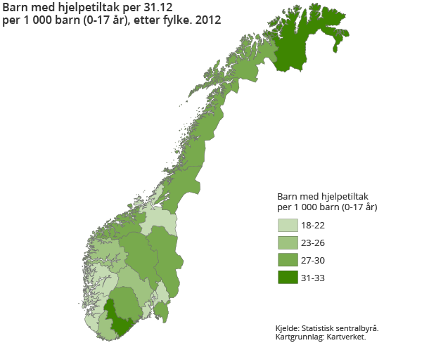 Barn med hjelpetiltak per 31.12 per 1 000 barn (0-17 år), etter fylke. 2012 Barn med hjelpetiltak per 31.12 per 1 000 barn (0-17 år), etter fylke. 2012
