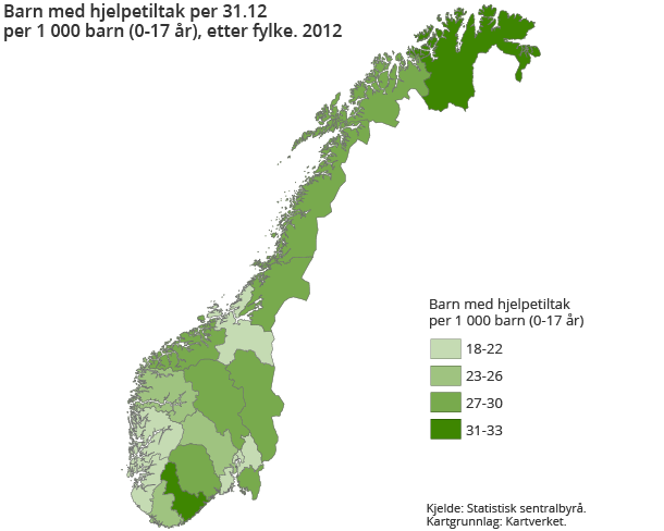 Barn med hjelpetiltak per 31.12 per 1 000 barn (0-17 år), etter fylke. 2012
