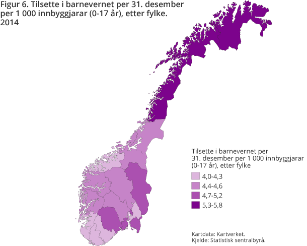 Figur 6. Tilsette i barnevernet per 31. desember per 1 000 innbyggjarar (0-17 år) etter fylke. 2014