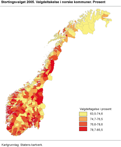 Figur: Stortingsvalget 2005. Valgdeltagelse i norske kommuner. Prosent
