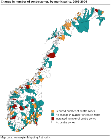 Change in number of centre zones by municipality. 2003 - 2004