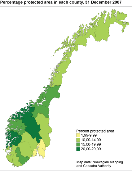Percentage protected area by county. 31 December 2007