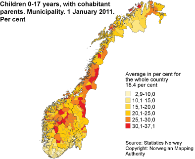 Children 0-17 years, with cohabitant parents. Municipality. Per cent. 1 January 2011