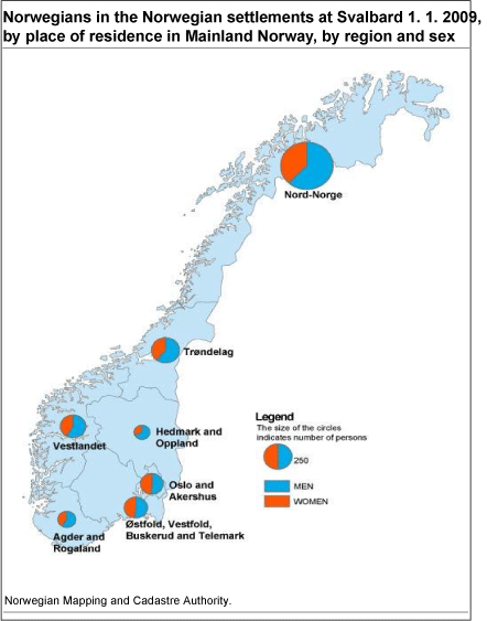 Norwegians in the Norwegian settlements at Svalbard 1.1.2009, by place of residence in Mainland Norway, by region and sex