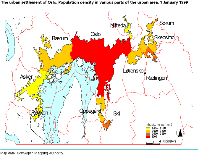  The urban settlement of Oslo. Population density in various parts of the urban area. 1 January 1999