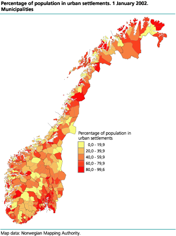 Percentage of population in urban settlements. 1. January 2002. Municipalities