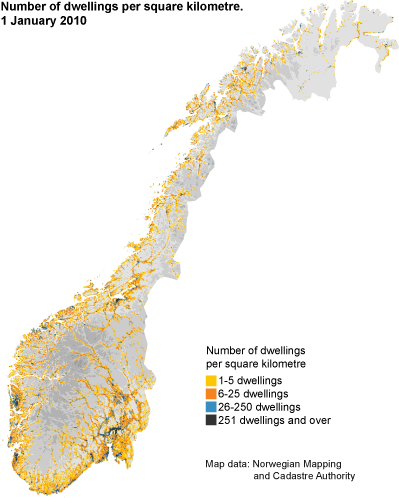 Number of dwellings per square kilometre. 1 January 2010. 