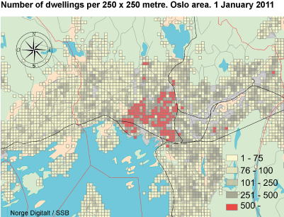 Number of dwellings per 250 x 250 metre. Oslo area. 1 January 2011. 