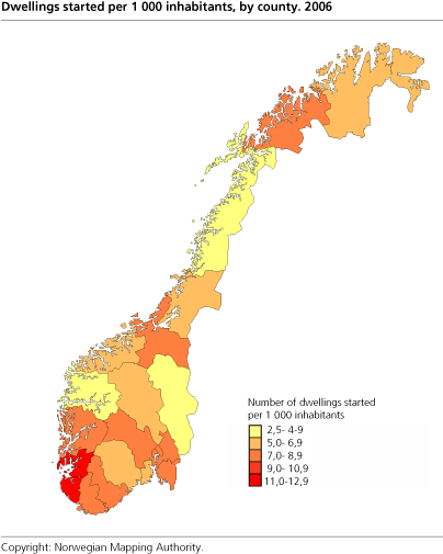 Started dwellings per 1000 inhabitants, by county. 2006